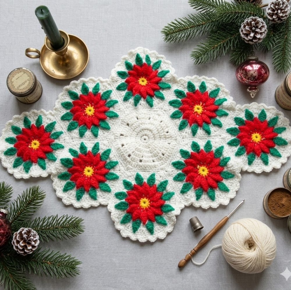 Vintage Crochet Poinsettia Christmas Table Runner Holiday Handmade Traditional